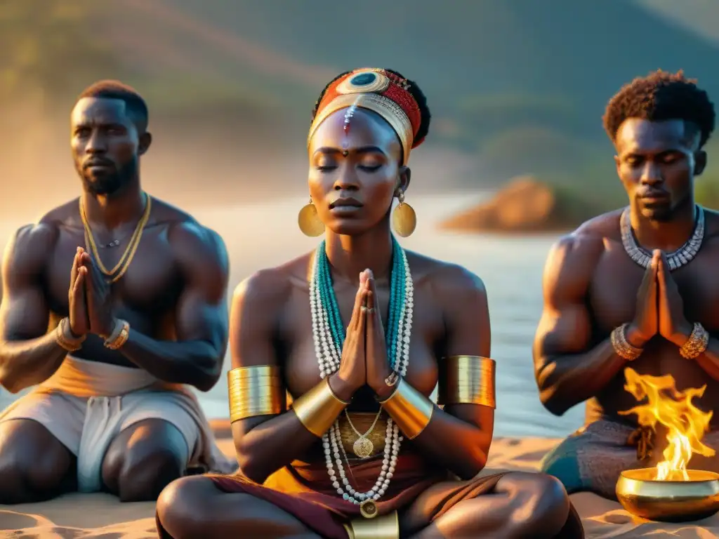 Un grupo de practicantes de espiritualidad africana contemporánea en ritual al atardecer, mostrando tradiciones vivas