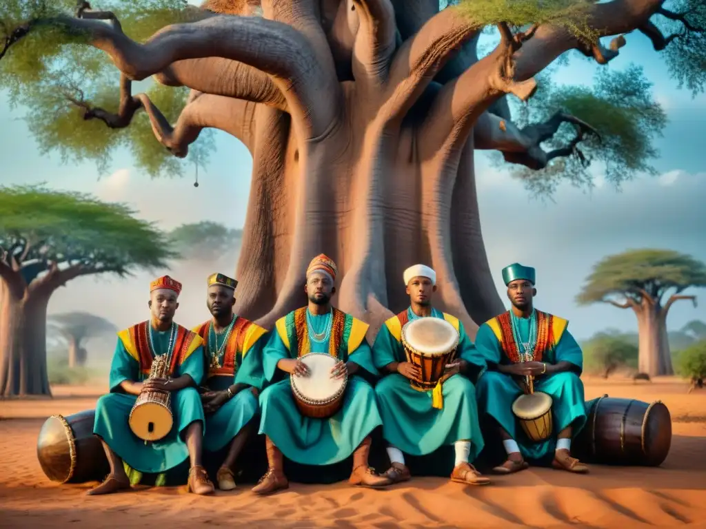 Un grupo de practicantes religiosos en atuendos africanos tocando música sagrada con instrumentos africanos bajo un baobab majestuoso