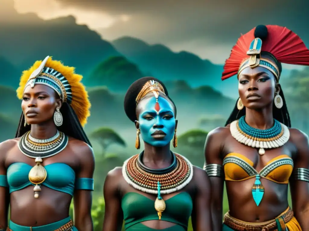 Un grupo de Reinas guerreras de África Central precolonial, deslumbrantes de fortaleza y liderazgo en exuberantes paisajes africanos y ruinas antiguas