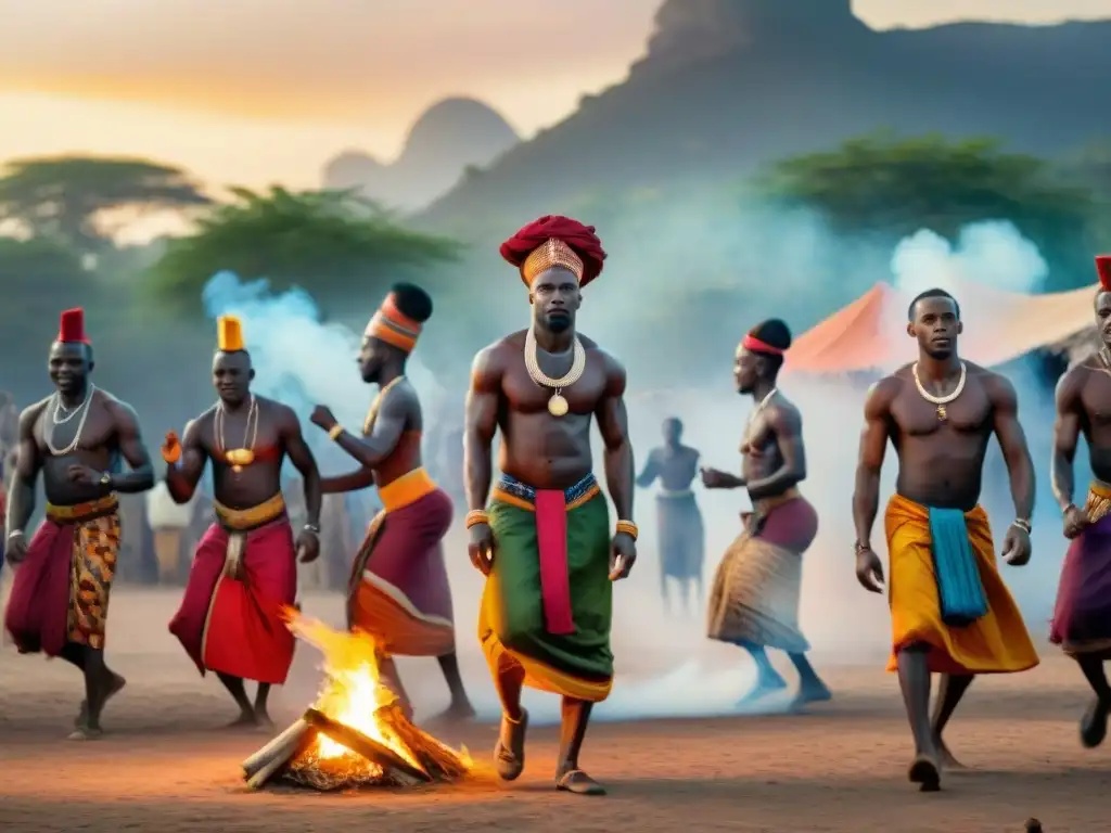 Grupo danzando en ritual africano al atardecer en aldea rural