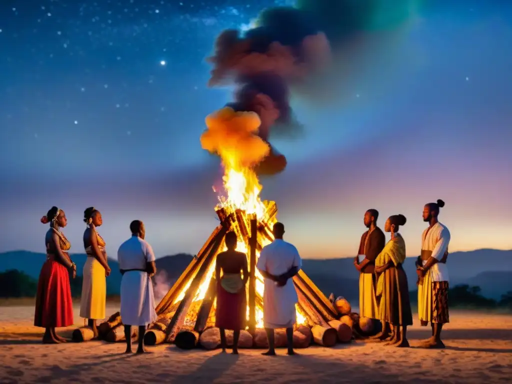 Ritual africano nocturno: conexión ancestral y misticismo Grupo en ritual africano alrededor de fogata, conectando con ancestros en noche estrellada