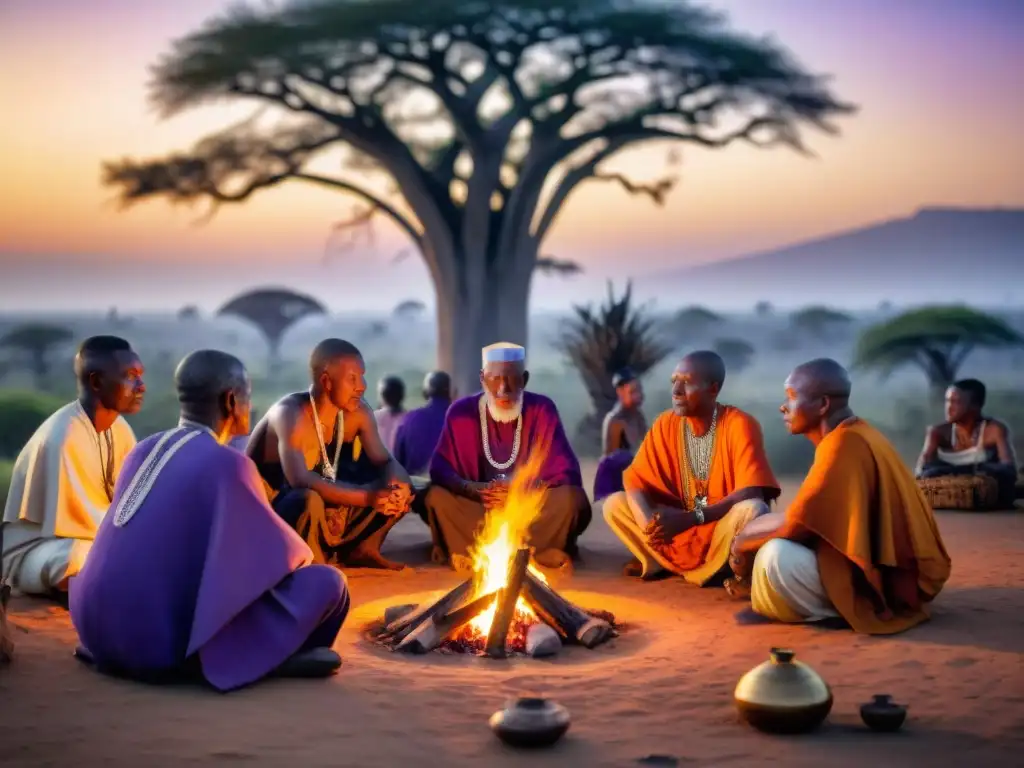 Grupo de ancianos Yoruba en ritual alrededor del fuego, reflejando cosmovisión y destino africano al atardecer