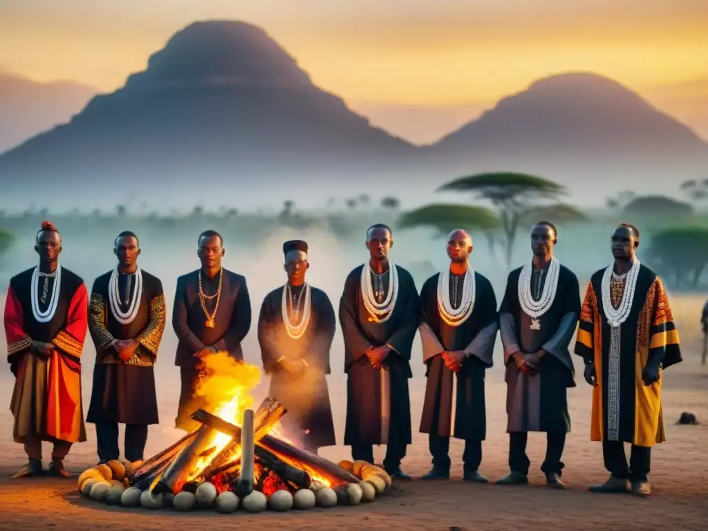 Grupo en ritual funerario africano alrededor de fogata al atardecer