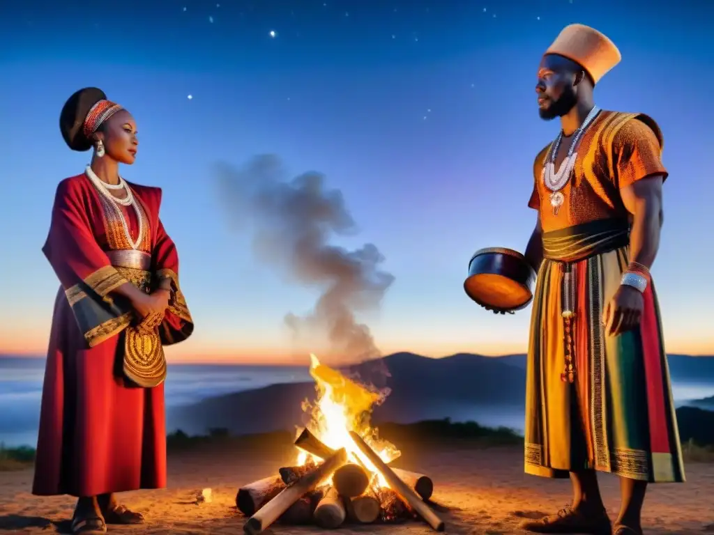 Ritual africano bajo las estrellas: conexión ancestral Grupo en rituales africanos conexión ancestros alrededor de fogata bajo cielo estrellado