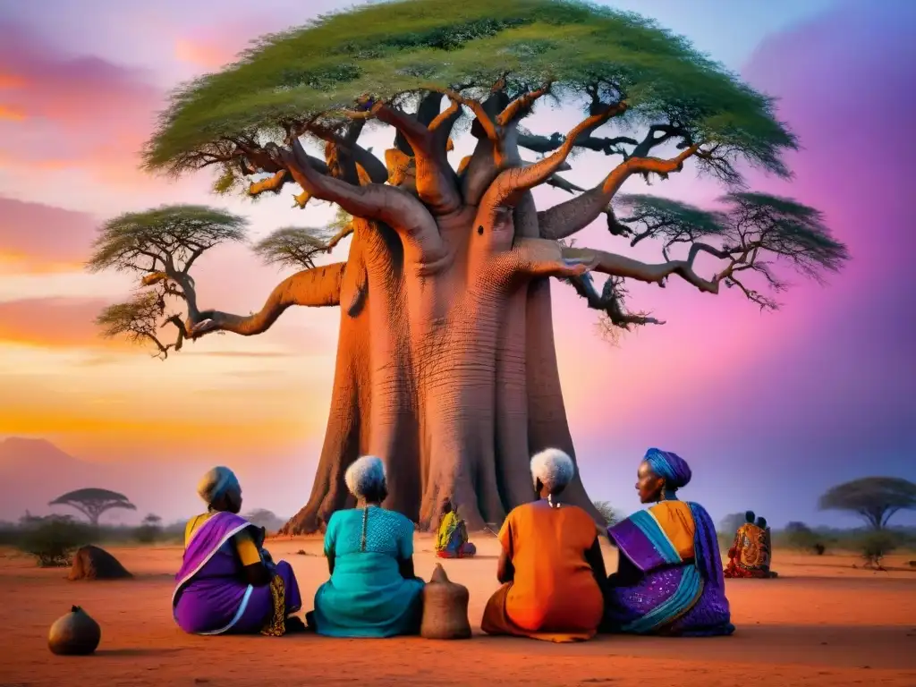 Un grupo de sabias mujeres africanas conversan bajo un baobab al atardecer, destacando la importancia de preservar lenguas africanas minoritarias