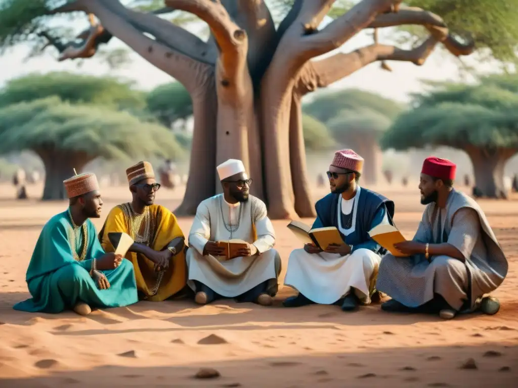 Un grupo de sabios musulmanes de África Occidental discute animadamente bajo un baobab, iluminados por el sol