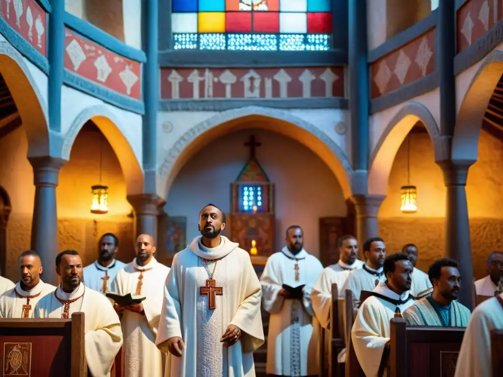 Grupo de sacerdotes etíopes en una iglesia histórica, rodeados de manuscritos antiguos y murales coloridos, cantando himnos en Ge'ez