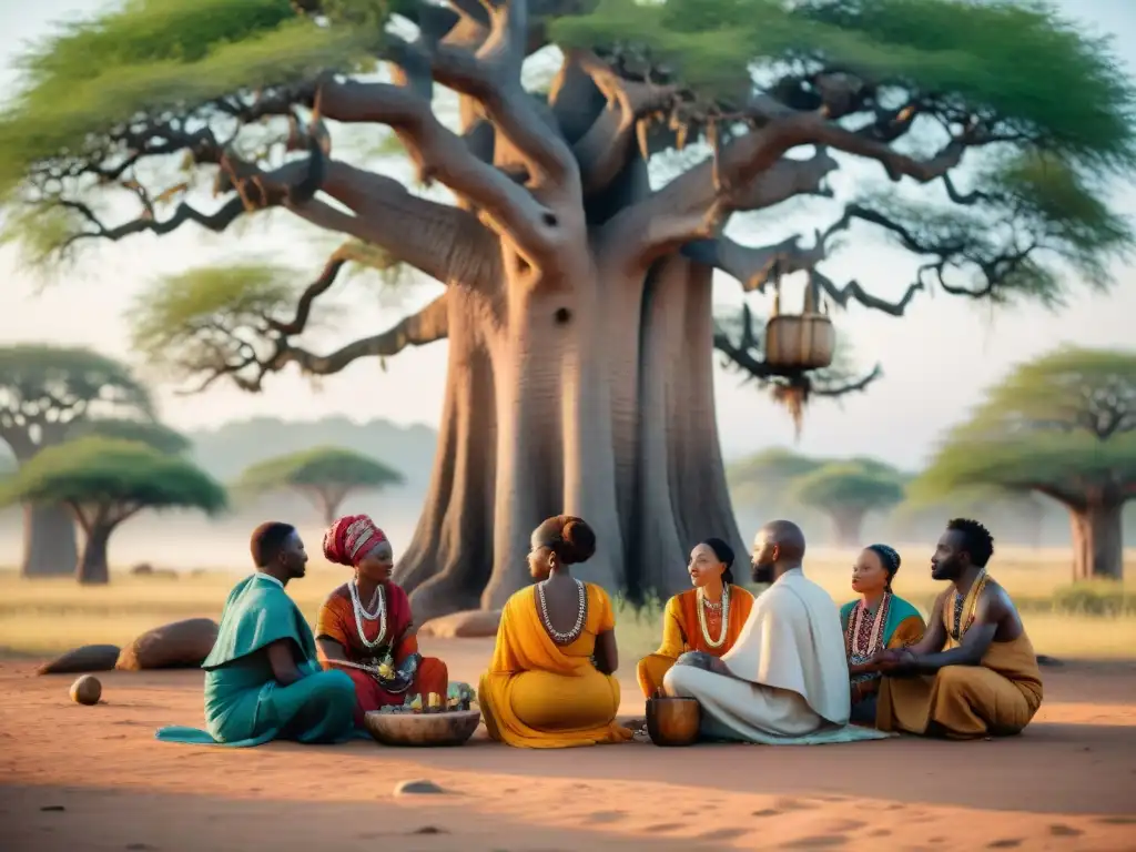 Un grupo de sanadores africanos practica rituales tradicionales bajo un baobab en la sabana