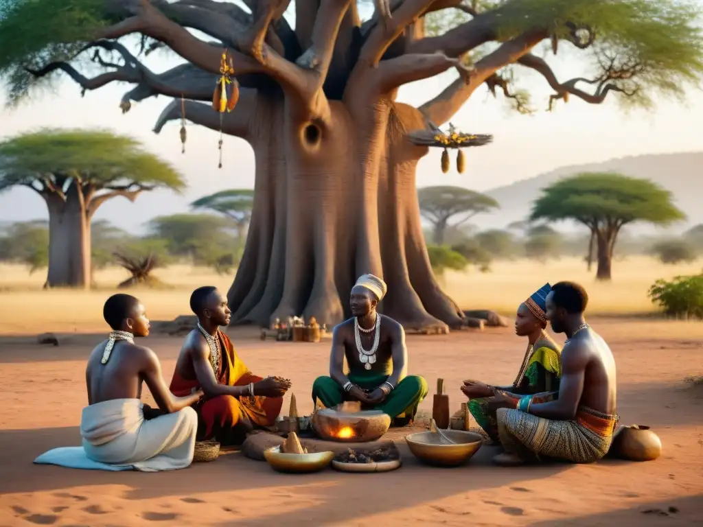 Un grupo de sanadores ancestrales en África bajo un baobab, intercambiando sabiduría y realizando una ceremonia de sanación