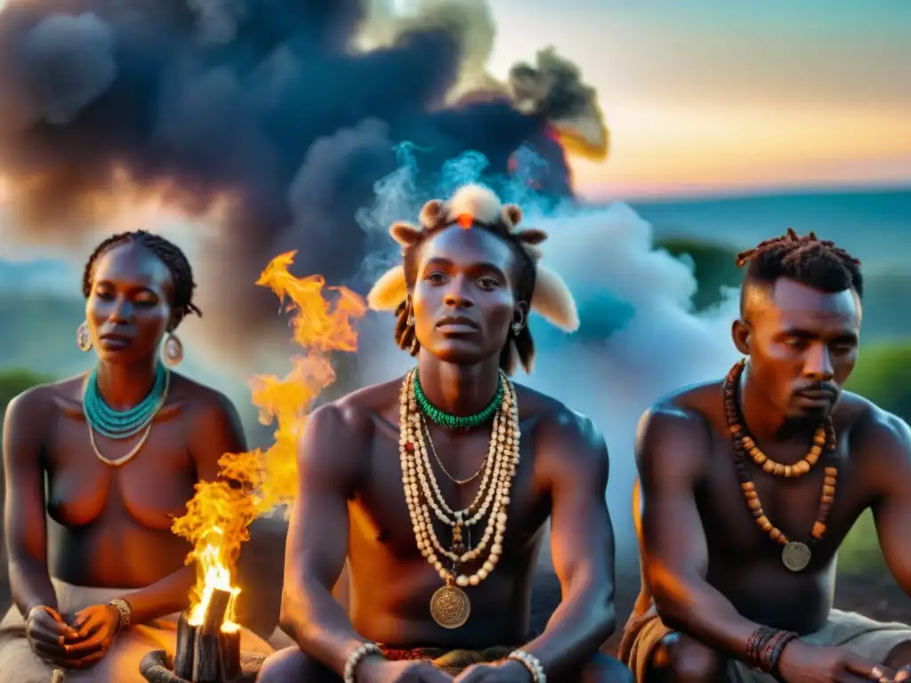 Un grupo de sanadores ancestrales de distintas culturas africanas se reúnen alrededor de un fuego sagrado durante una ceremonia de sanación