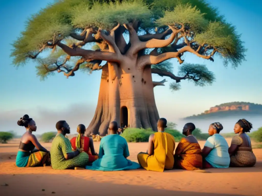 Un grupo de sanadores tradicionales africanos discuten bajo un baobab, rodeados de hierbas y plantas secas