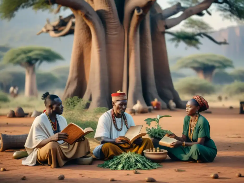 Grupo de sanadores tradicionales africanos debatiendo bajo un baobab con hierbas y libros antiguos