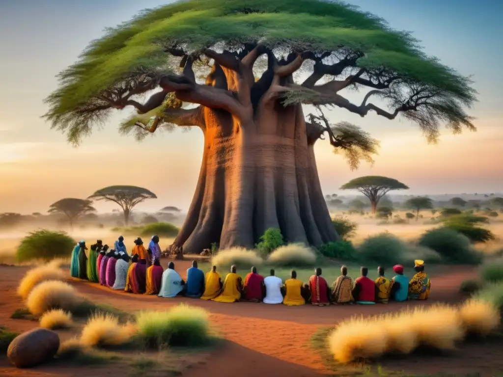 Un grupo de sanadores tradicionales africanos bajo un baobab milenario, rodeados de plantas medicinales, brindando sabiduría y riqueza cultural