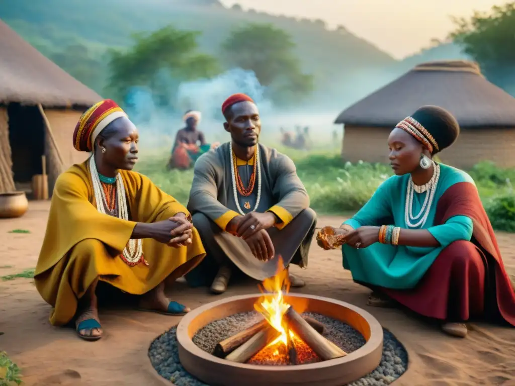 Un grupo de sanadores tradicionales africanos en una aldea rural, realizando una ceremonia de sanación alrededor del fogón con hierbas medicinales