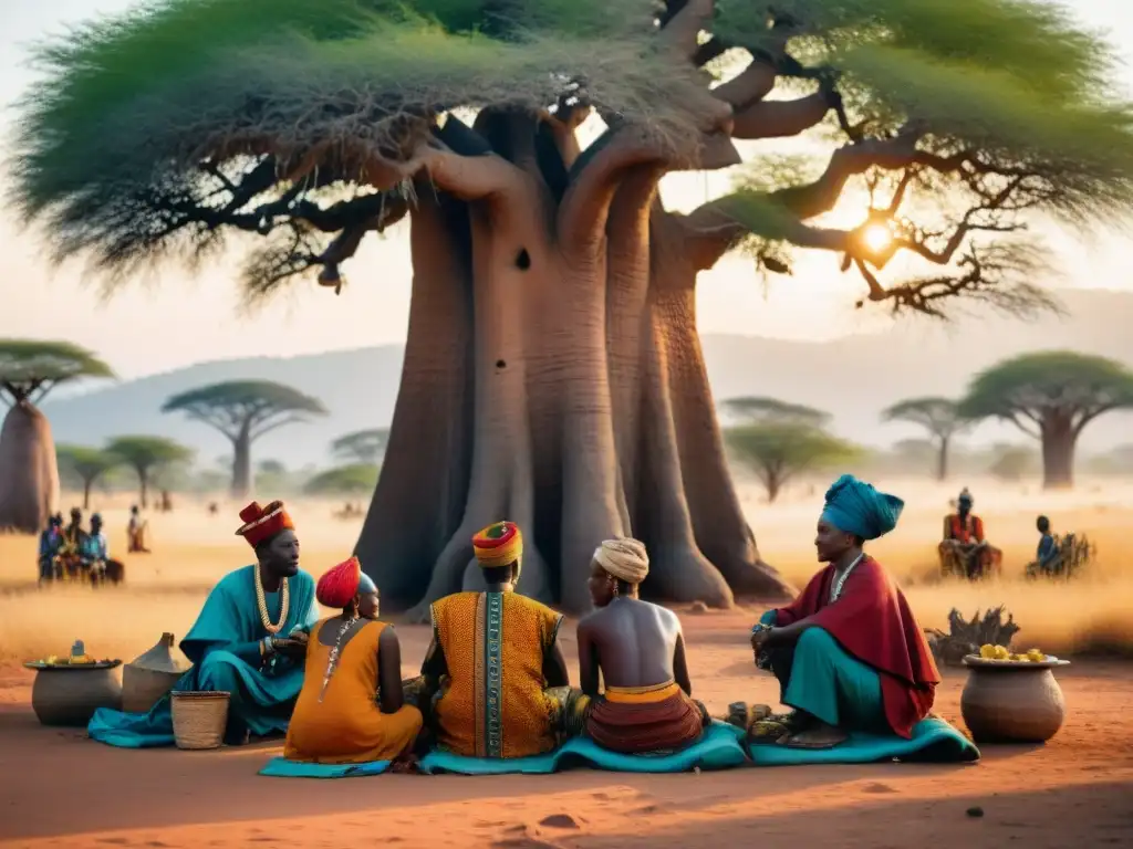 Un grupo de sanadores tradicionales en África bajo un baobab, practicando Prácticas de salud tradicionales integradas