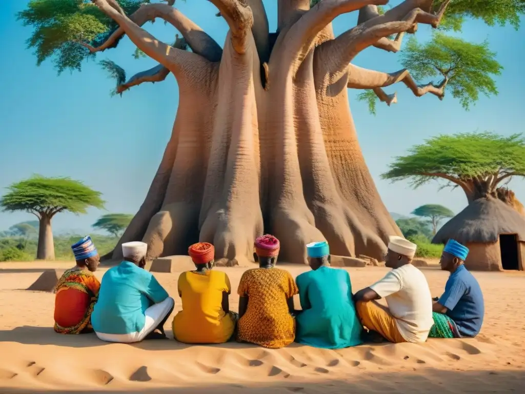 Un grupo de ancianos Yoruba enseña el Sistema numeral Yoruba a niños bajo un baobab en una aldea africana