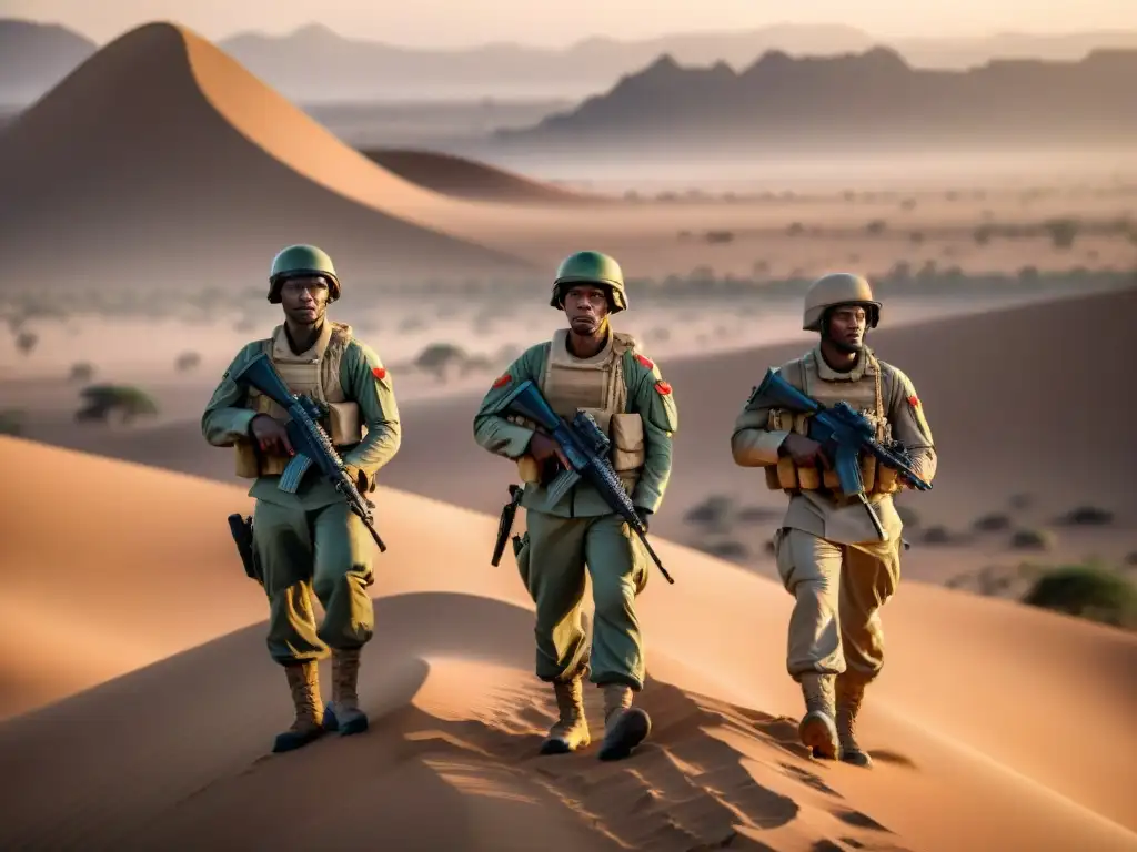 Grupo de soldados africanos en táctica militar en desierto africano al atardecer