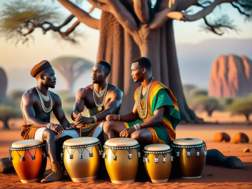 Grupo de talentosos tamborileros africanos tocando con pasión bajo un baobab, creando un vibrante mensaje cultural