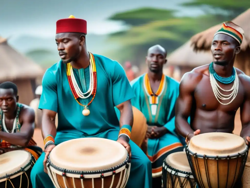 Un grupo de tamborileros africanos, concentrados y alegres, con patrones en sus trajes tradicionales, en una vibrante aldea africana