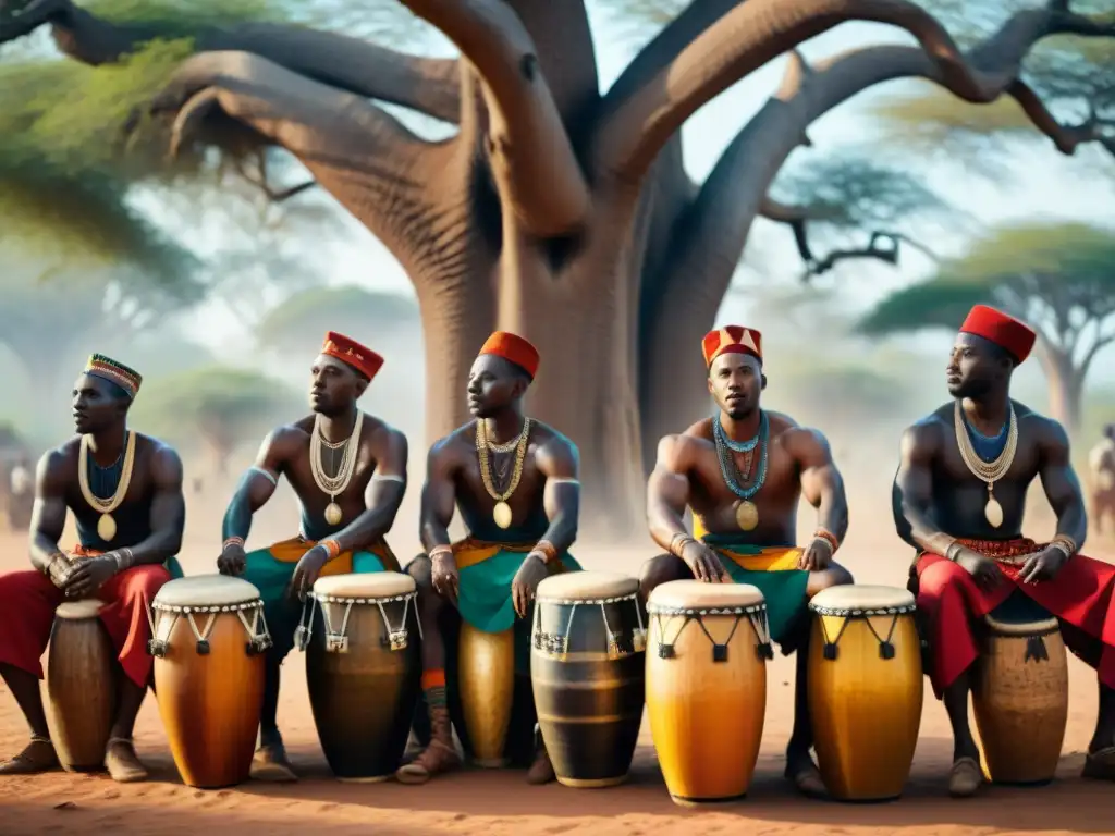 Grupo de tamborileros africanos tocando con pasión bajo un baobab, reflejando la unión y el significado de los mensajes en los tambores africanos