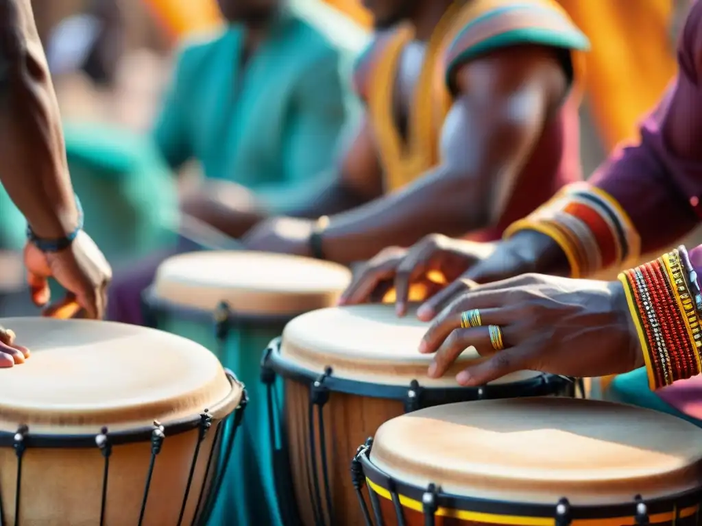 Un grupo de tamborileros africanos en pleno éxtasis espiritual, comunicando a través de sus tambores en un vibrante pueblo africano al atardecer