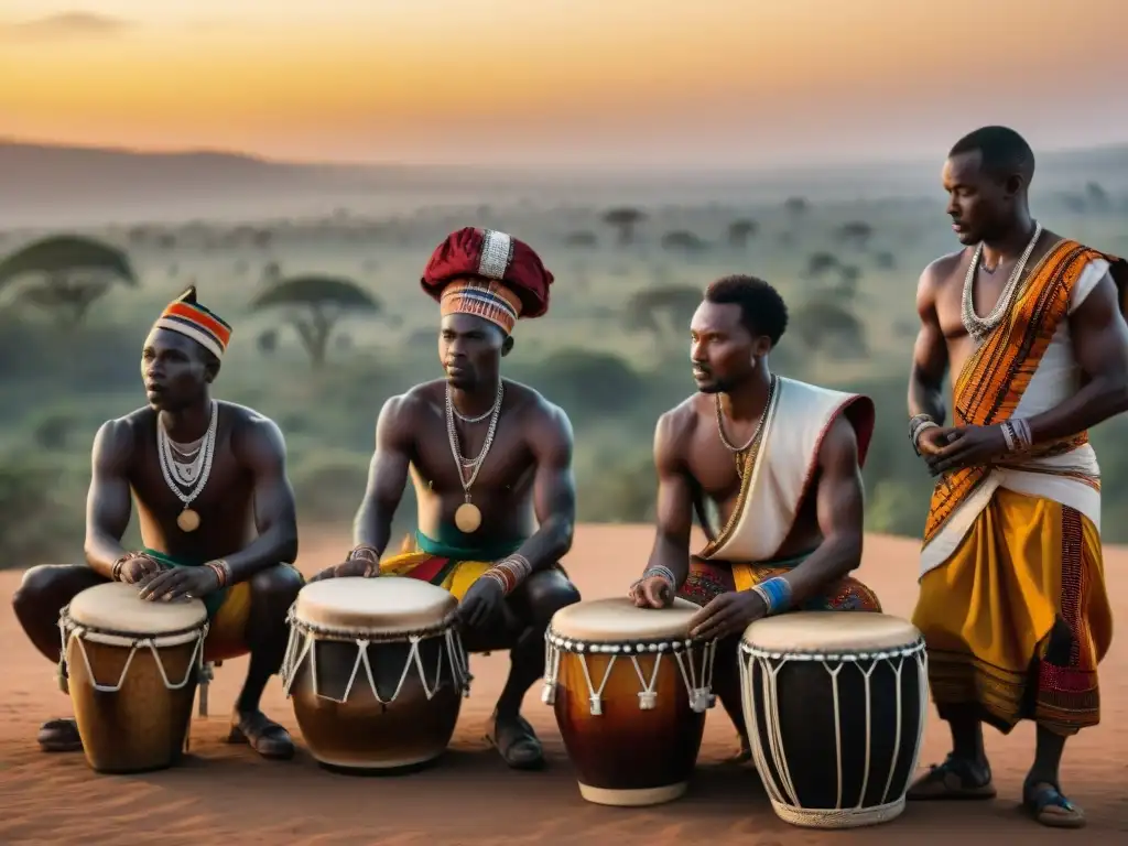 Un grupo de tamborileros africanos ejecuta un ritual espiritual al atardecer en una aldea remota