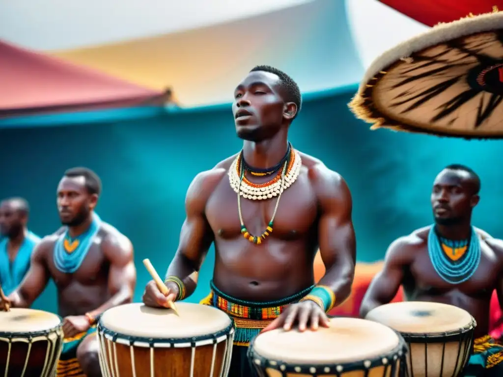 Grupo de tamborileros africanos en trajes tradicionales comunicando a través de tambores en una animada plaza del pueblo