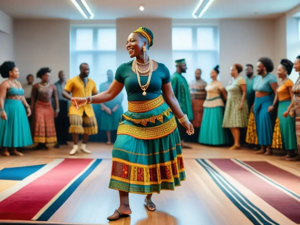 Grupo en terapia de movimiento africano, danzando con alegría y color