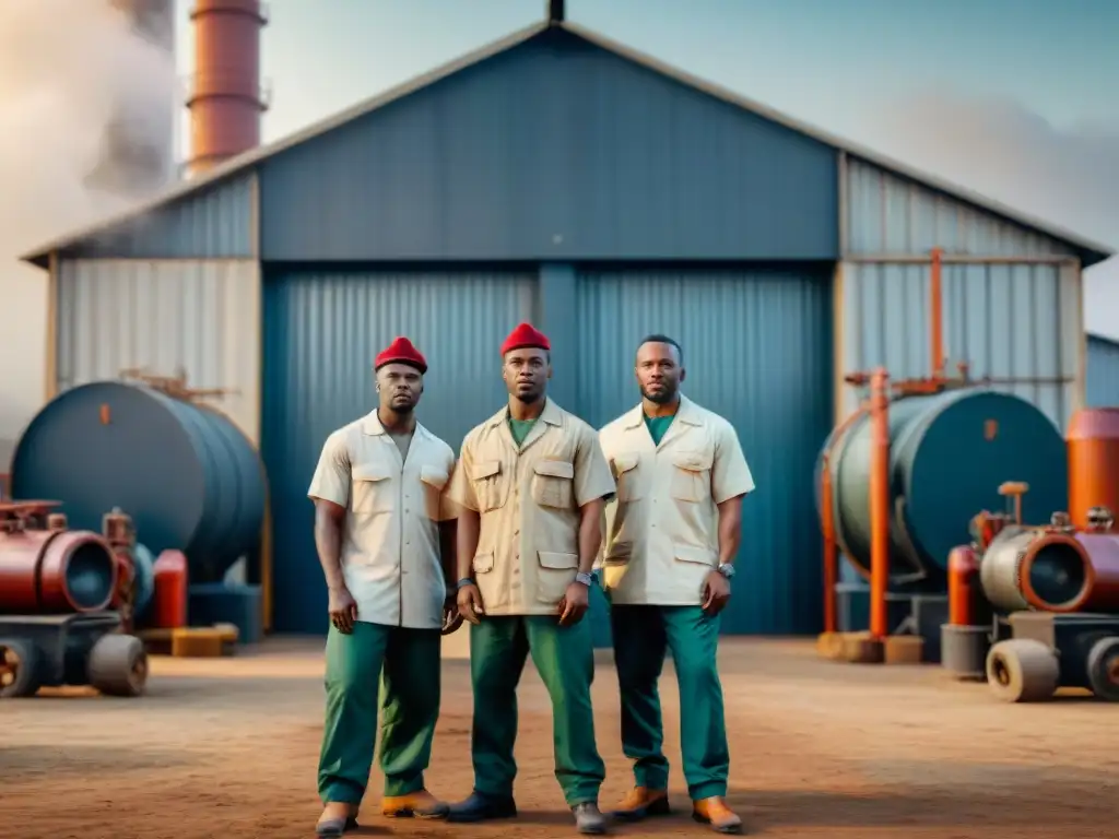 Trabajadores africanos: herencia cultural y laboral Un grupo de trabajadores africanos frente a una fábrica histórica, combinando tradición y labor