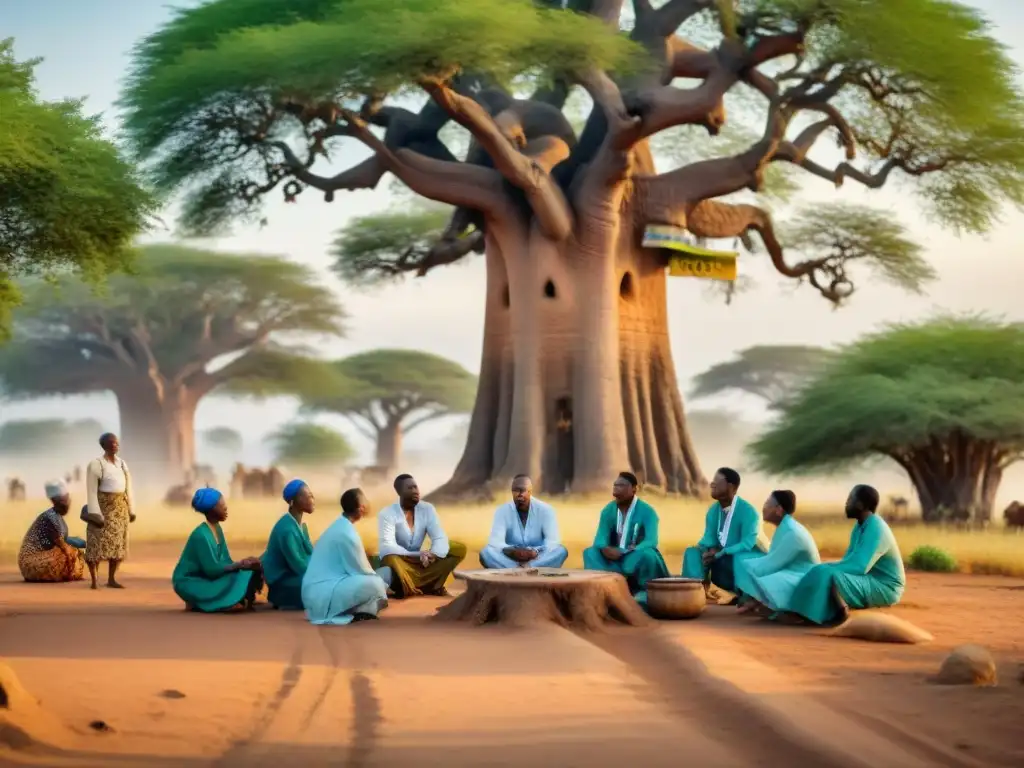 Grupo de trabajadores de la salud africana promoviendo la conciencia de salud mental en una aldea rural bajo un baobab gigante