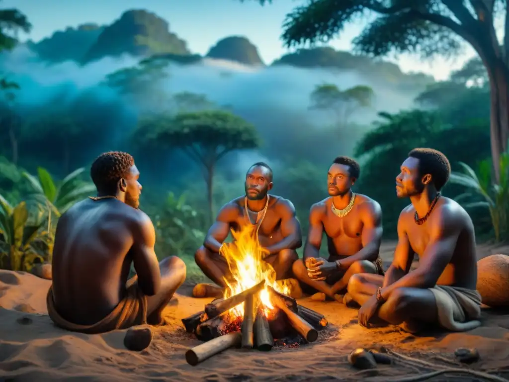 Grupo de tribus africanas antiguas en la jungla, compartiendo historias alrededor del fuego