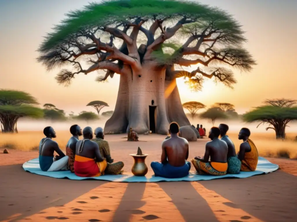 Grupo de tribus africanas en ritual de silencio bajo un baobab al atardecer