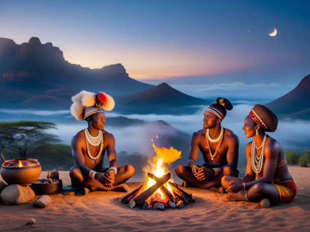 Un grupo de tribus africanas en rituales bajo la luna nueva, influenciados por la magia de África