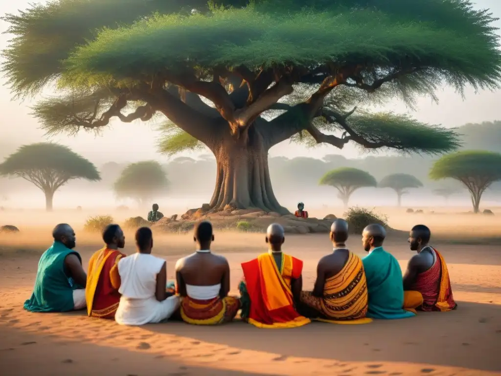 Grupo de diversas tribus africanas meditando en silencio bajo un árbol en la sabana, enriqueciendo rituales de silencio en África