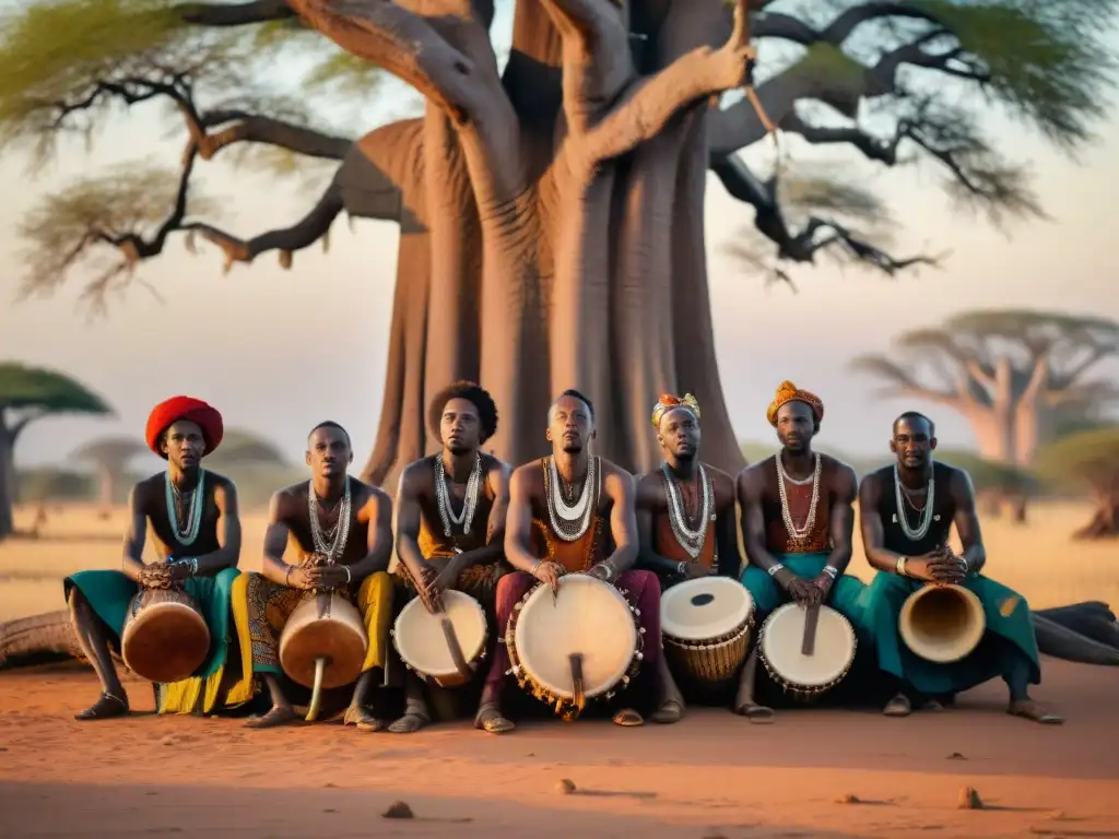 Un grupo de griots y trovadores africanos bajo un baobab, tocando instrumentos tradicionales al atardecer en la sabana