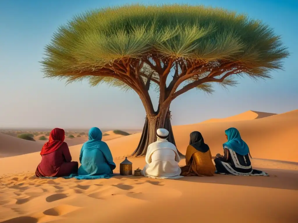 Grupo Tuareg bajo un acacia en el Sahara, visten ropas tradicionales con colores vibrantes