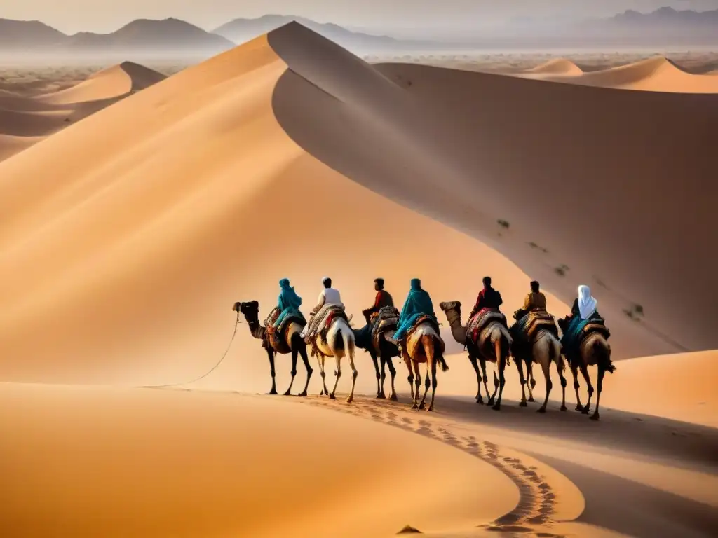 Grupo Tuareg en camello cruzando el Sahara, estrategias supervivencia Sahara civilizaciones