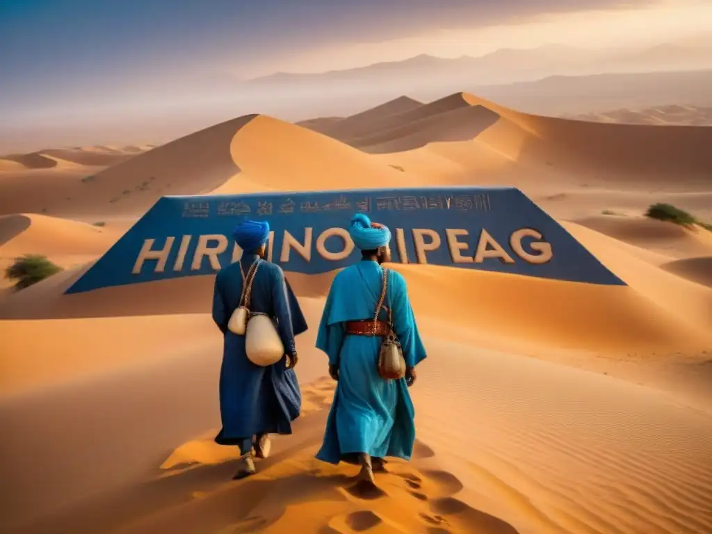 Un grupo de Tuareg en el desierto del Sahara junto a un monumento de escritura Tifinagh