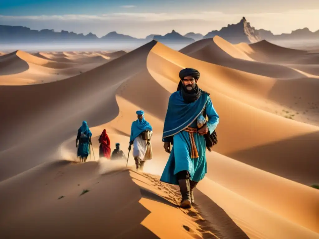 Grupo de nómadas Tuareg en el Sahara, con vestimenta tradicional y estrategias de supervivencia