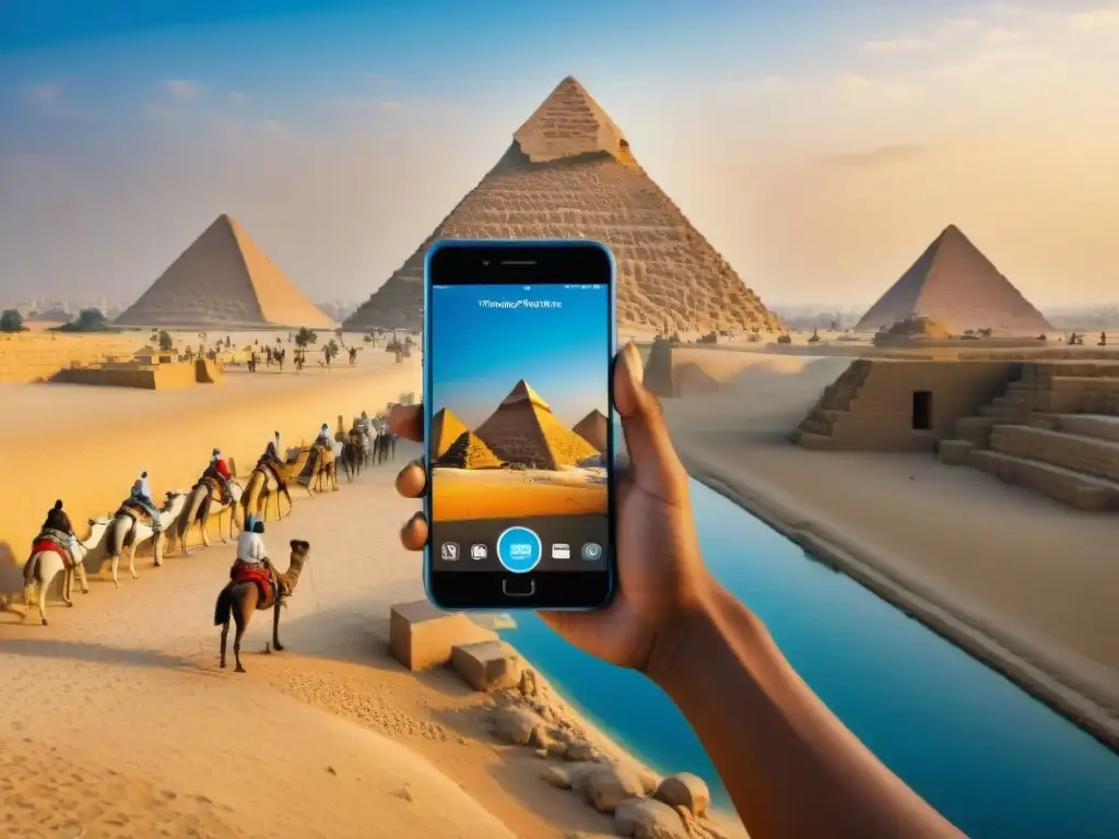 Grupo de turistas frente a las Pirámides de Giza usando apps narrativas civilizaciones africanas