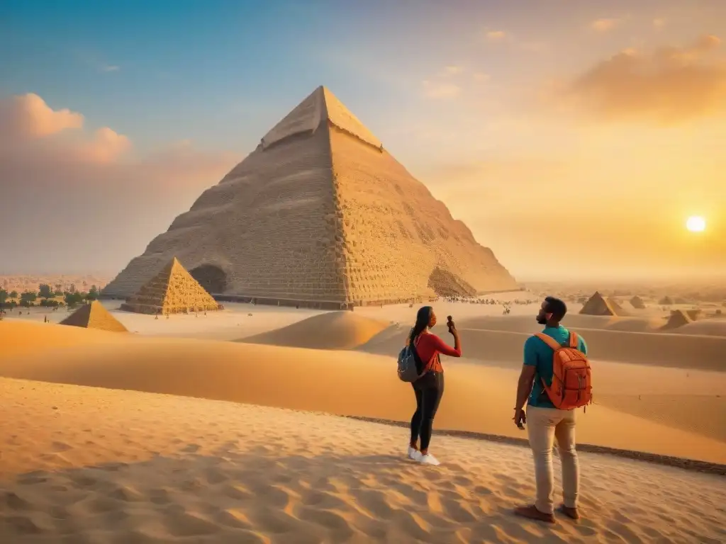 Un grupo de turistas maravillados por la Gran Pirámide de Giza al atardecer en el desierto, en un recorrido por las antiguas civilizaciones africanas