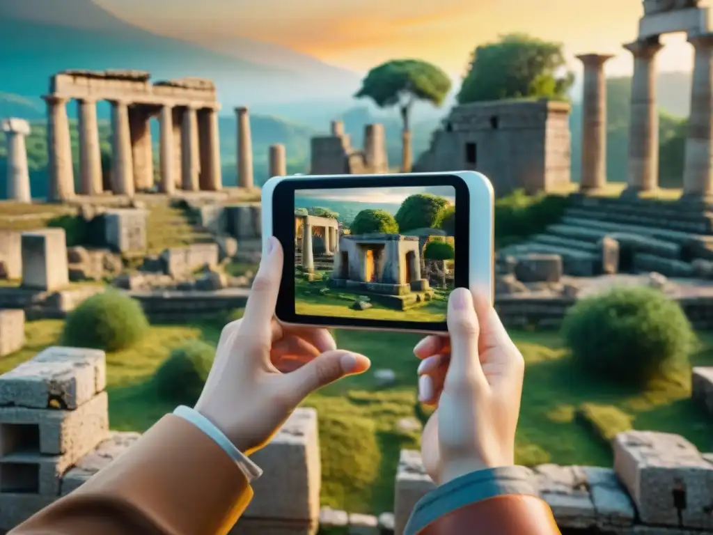 Un grupo de turistas modernos explora ruinas antiguas con apps de realidad aumentada, creando experiencias turísticas únicas