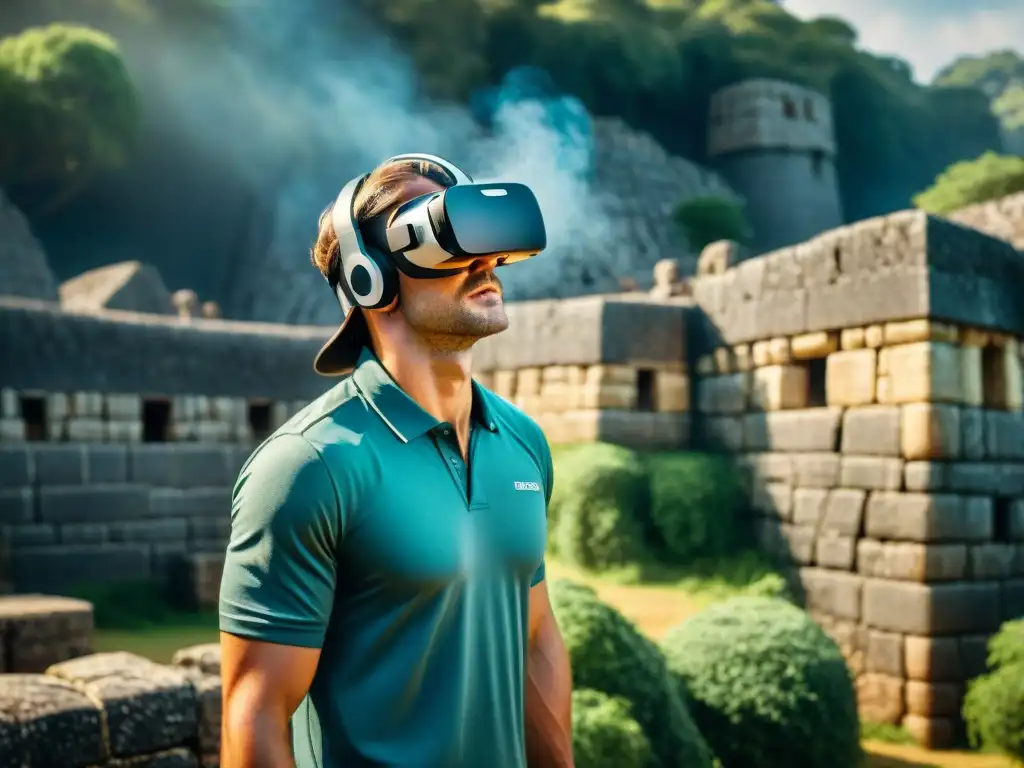 Un grupo de turistas diversos explorando las ruinas de Great Zimbabwe con visores de realidad virtual, cautivados por la experiencia