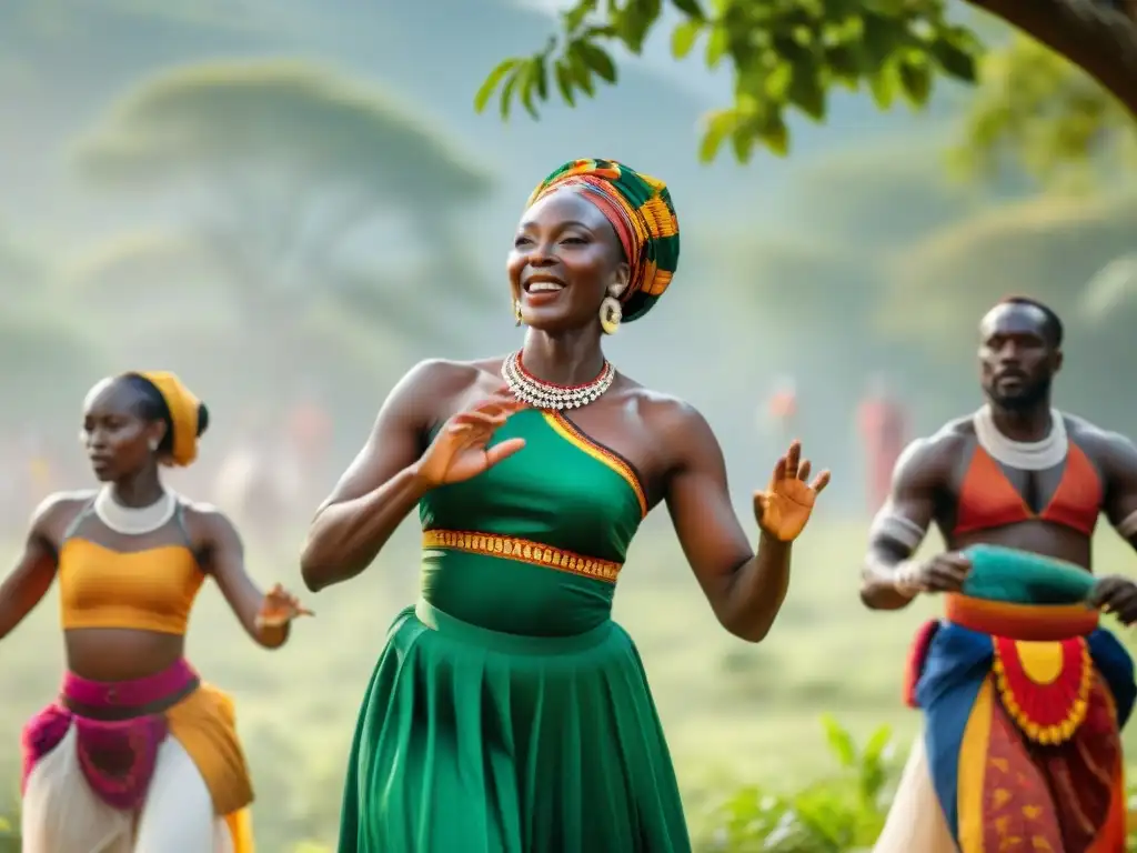 Grupo unido bailando ritual africano en paisaje verde, celebrando identidad cultural diásporas africanas