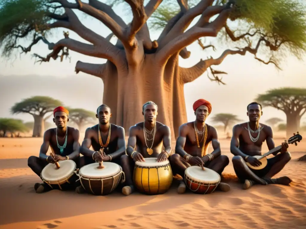 Grupo de griots vestidos tradicionalmente tocando bajo un baobab, rodeados de patrones de arena y polvo vibrantes