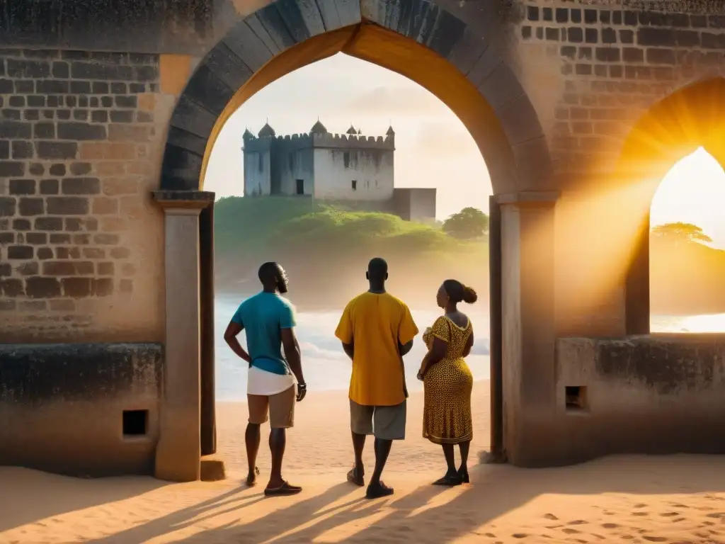 Un grupo de viajeros escucha atentamente la historia en Elmina Castle al atardecer