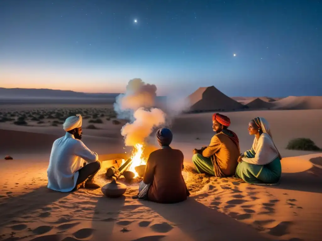 Un grupo de viajeros interculturales escuchando historias alrededor de una fogata en el Sahel, con camelllos bajo las estrellas