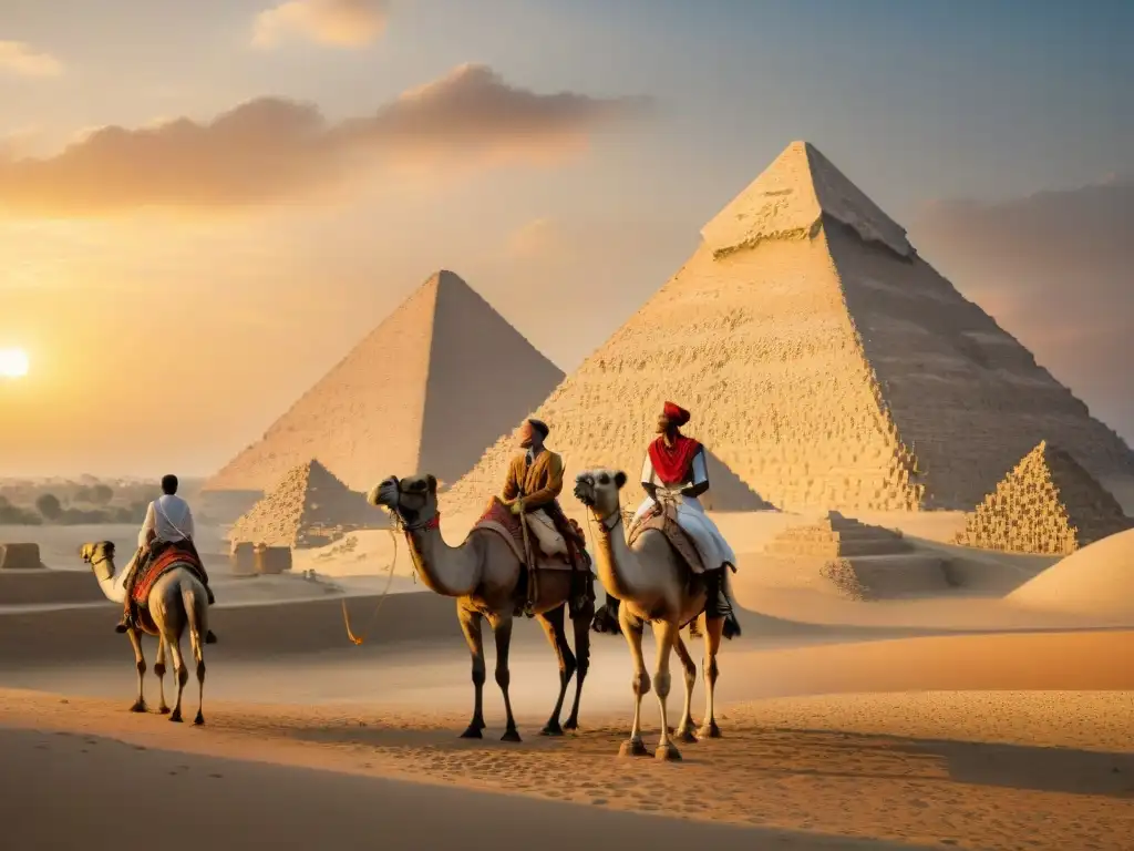 Un grupo de viajeros maravillados frente a las majestuosas Pirámides de Giza al atardecer, en una escena de exploración y conexión cultural