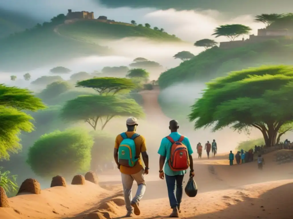 Un grupo de viajeros camina por un sendero polvoriento entre árboles verdes, con luz solar entre las hojas