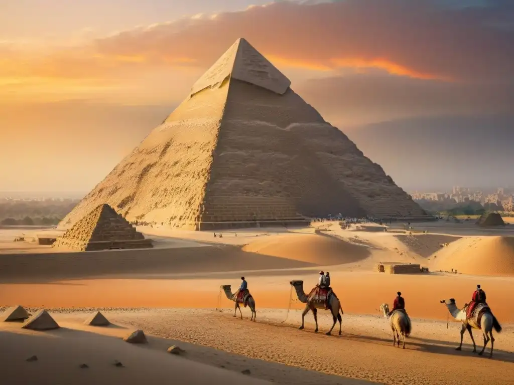 Guardianes de la historia africana: la majestuosa Gran Pirámide de Giza destaca en un atardecer vibrante